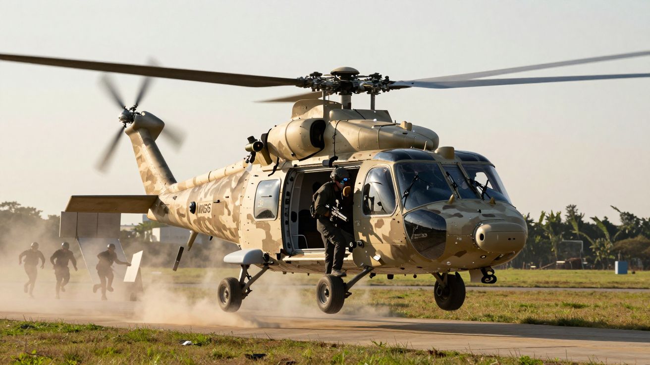 Helikopter wojskowy w kamuflażu pustynnym startujący, żołnierze biegnący w tle na trawiastym lądowisku.