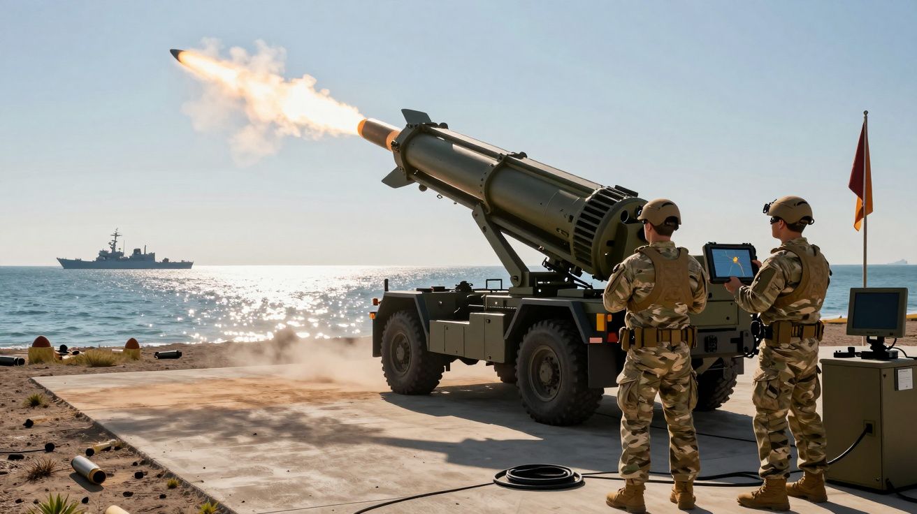 Dwaj żołnierze obsługują wyrzutnię rakietową wystrzeliwującą pocisk nad morzem, statek w tle.
