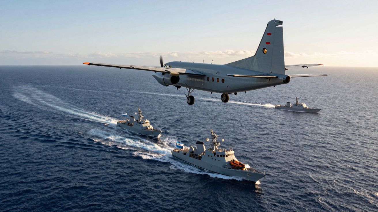 Samolot wojskowy lecący nad trzema okrętami na otwartym morzu przy zachodzie słońca.