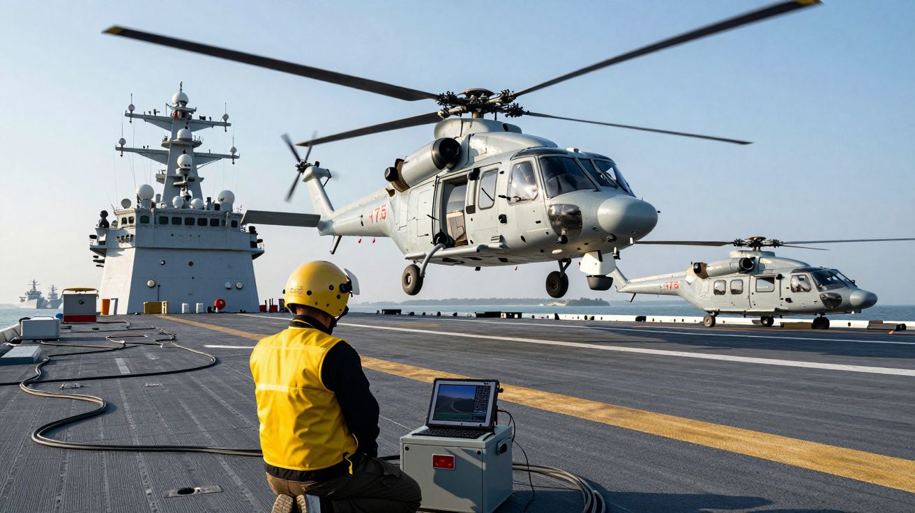 Helikopter wojskowy startuje z pokładu lotniskowca, a operator w żółtej kamizelce monitoruje działanie sprzętu.