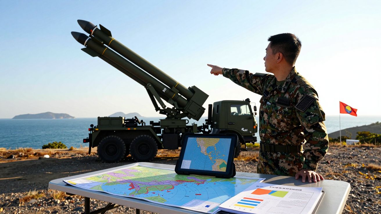 Żołnierz wskazuje na wyrzutnię rakiet przy stole z mapami na tle morza i wysp.