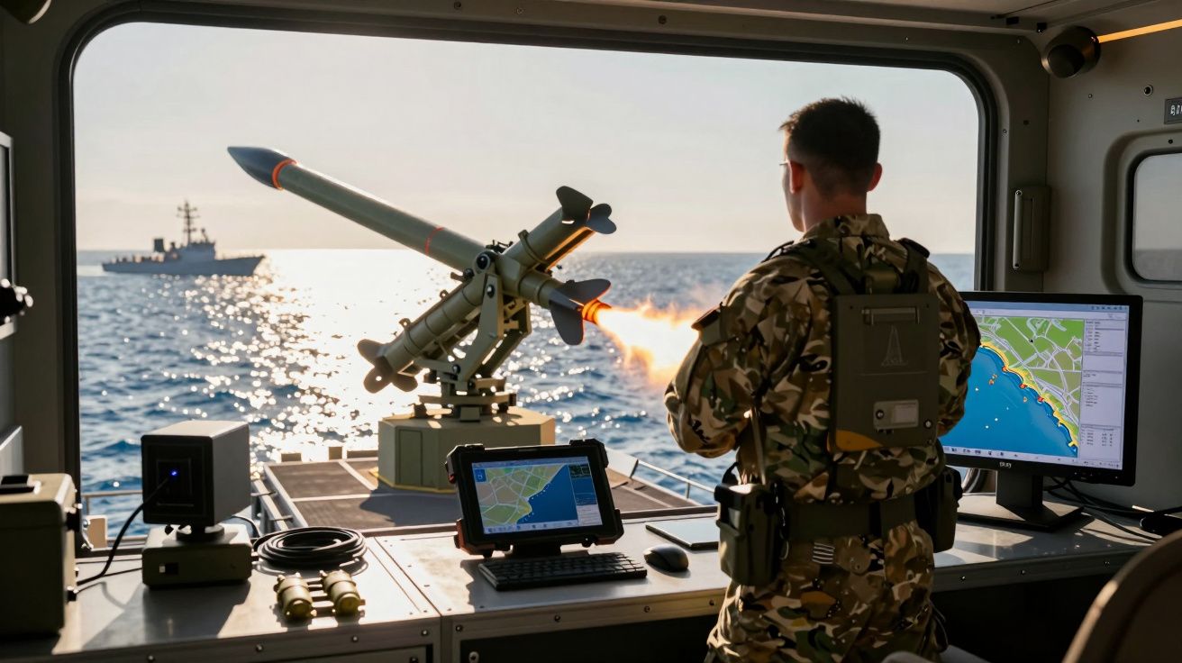 Żołnierz na okręcie odpala pocisk rakietowy w stronę morza podczas szkolenia wojskowego.