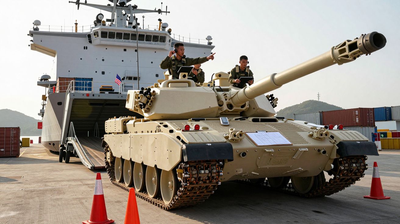Czołg wojskowy z żołnierzami wyjeżdża ze statku transportowego w porcie cargo.