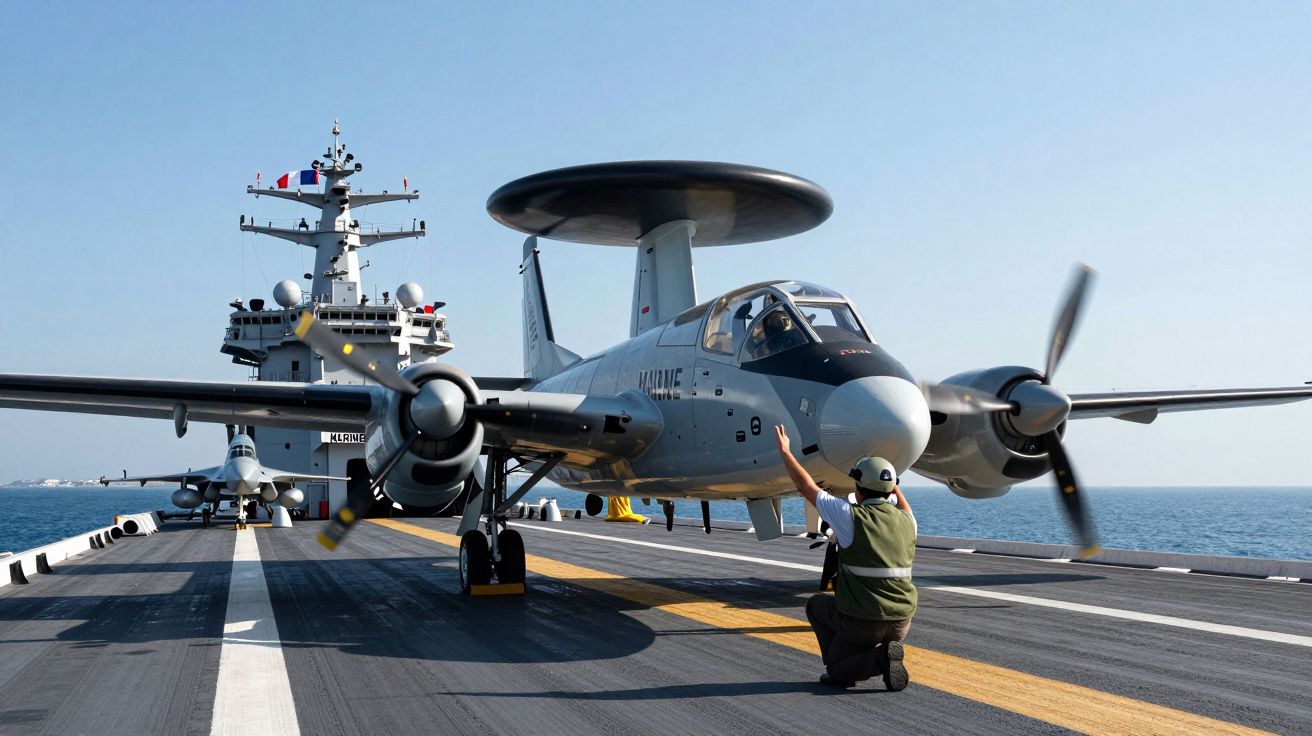 Samolot wojskowy z radarem na pokładzie lotniskowca, osoba kierująca startem z pokładu.