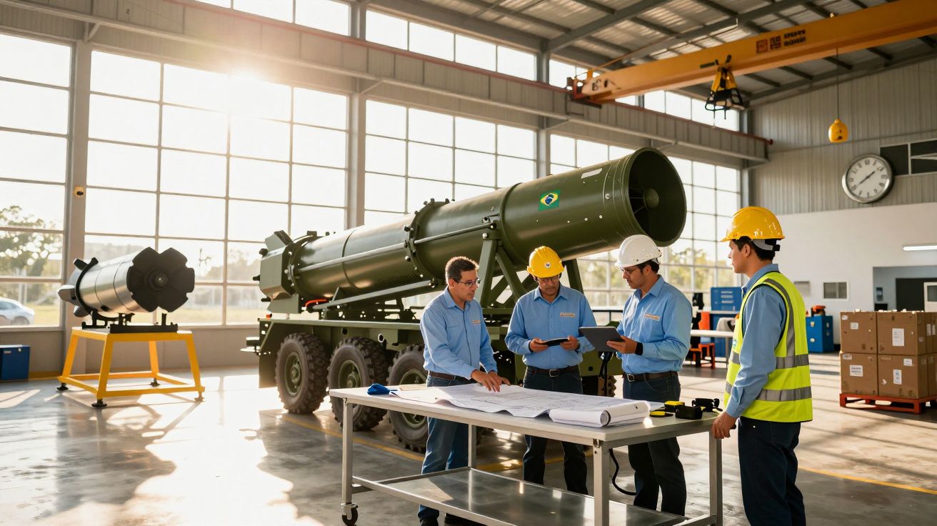 Inżynierowie w kaskach omawiają plany przy dużym zielonym sprzęcie wojskowym w jasnym magazynie.