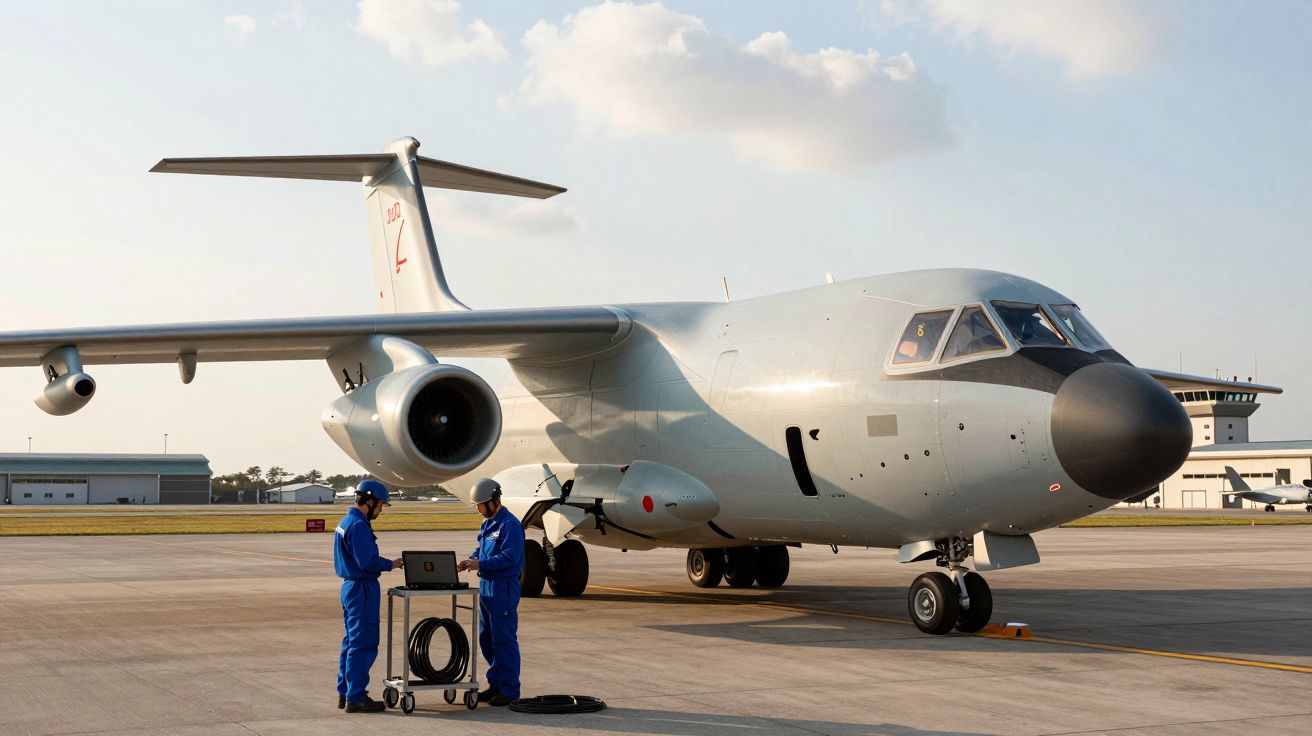 Dwóch mechaników w kombinezonach przy wojskowym samolocie na lotnisku podczas serwisu.