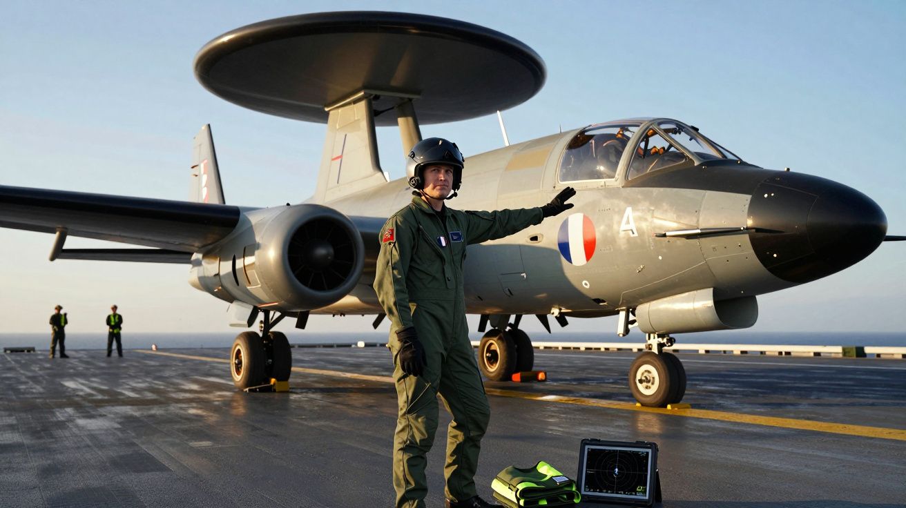 Pilota wojskowego wskazującego na samolot wczesnego ostrzegania na pokładzie lotniskowca o zachodzie słońca.