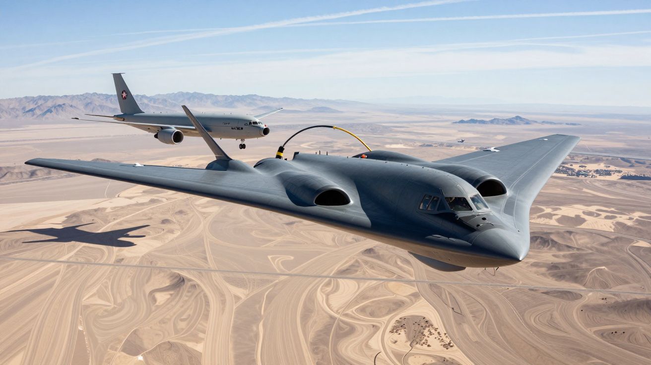 Samolot bombowy B-2 Spirit podczas tankowania powietrznego nad pustynią, w tle samolot tankujący KC-135.