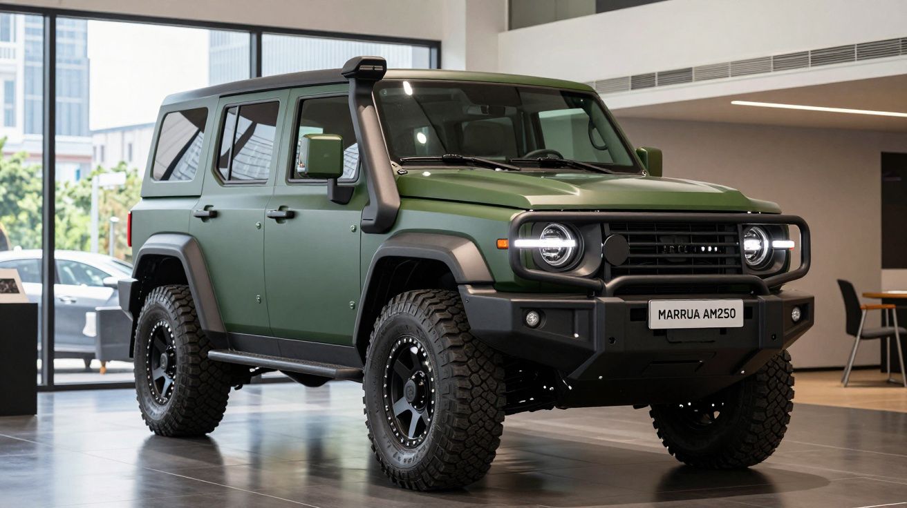 Zielony terenowy SUV Marrua AM250 na dużych kołach stoi w nowoczesnym salonie samochodowym.
