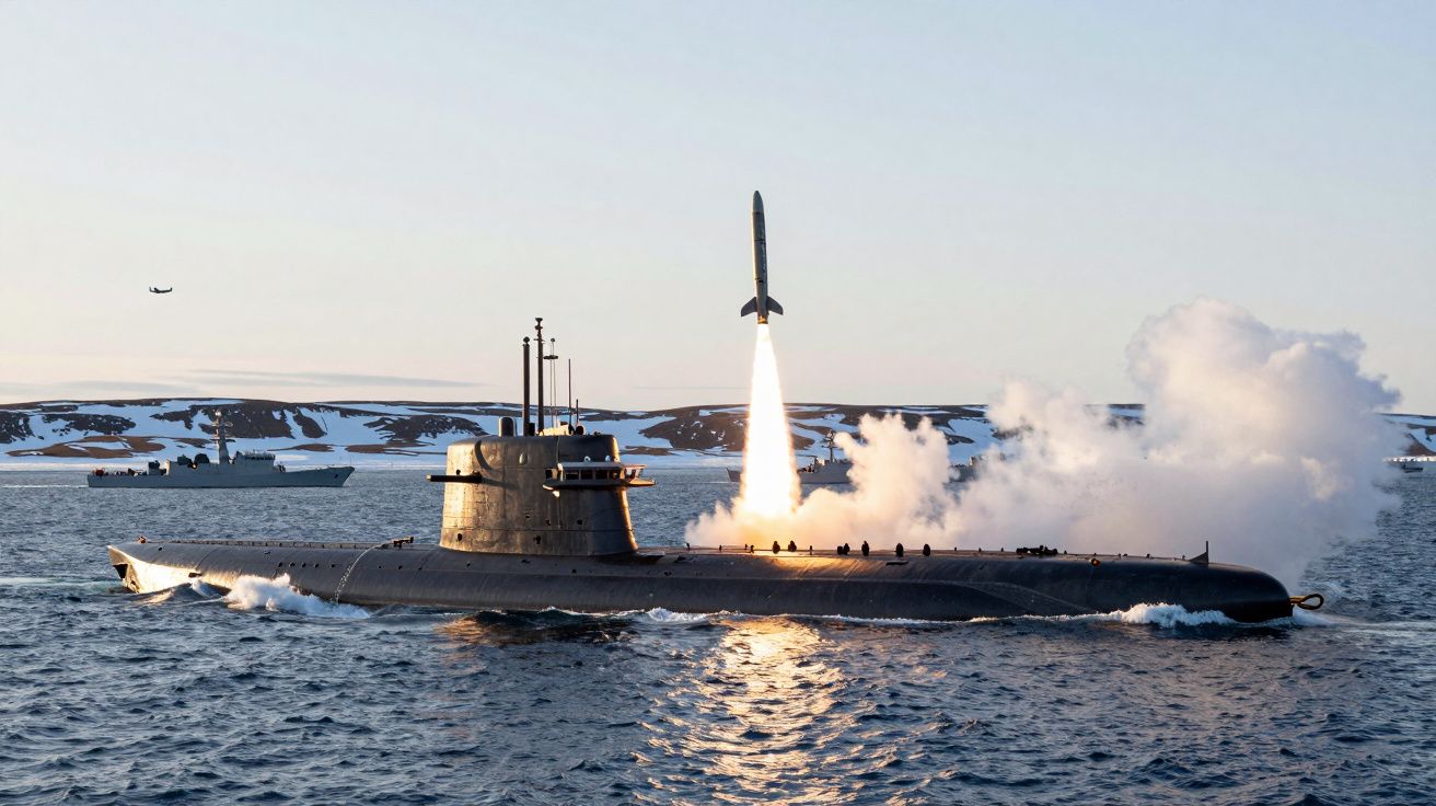 Okręt podwodny wypuszcza pocisk rakietowy podczas zachodu słońca na tle zaśnieżonych brzegów.