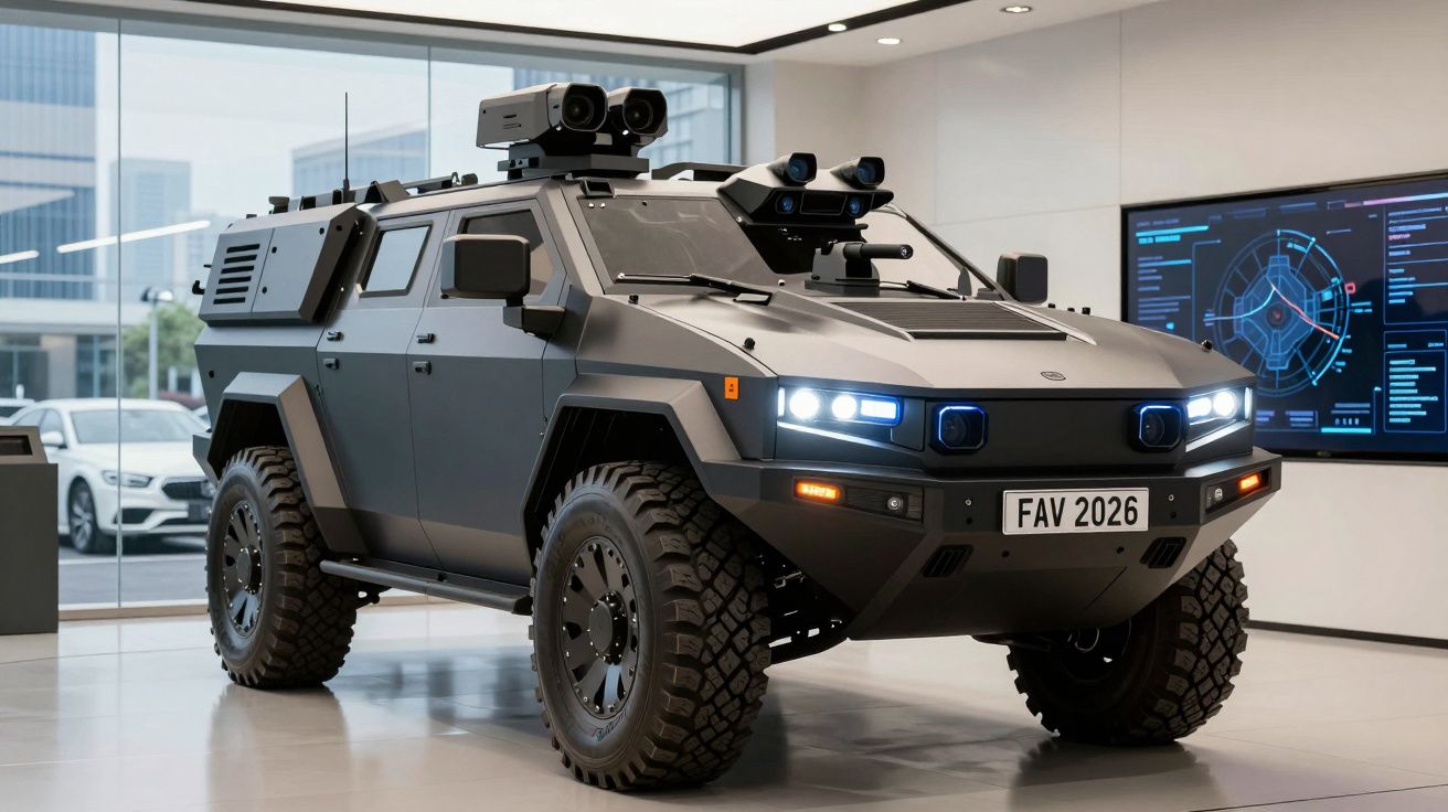 Nowoczesny opancerzony pojazd wojskowy stojący w nowoczesnym wnętrzu z ekranami.
