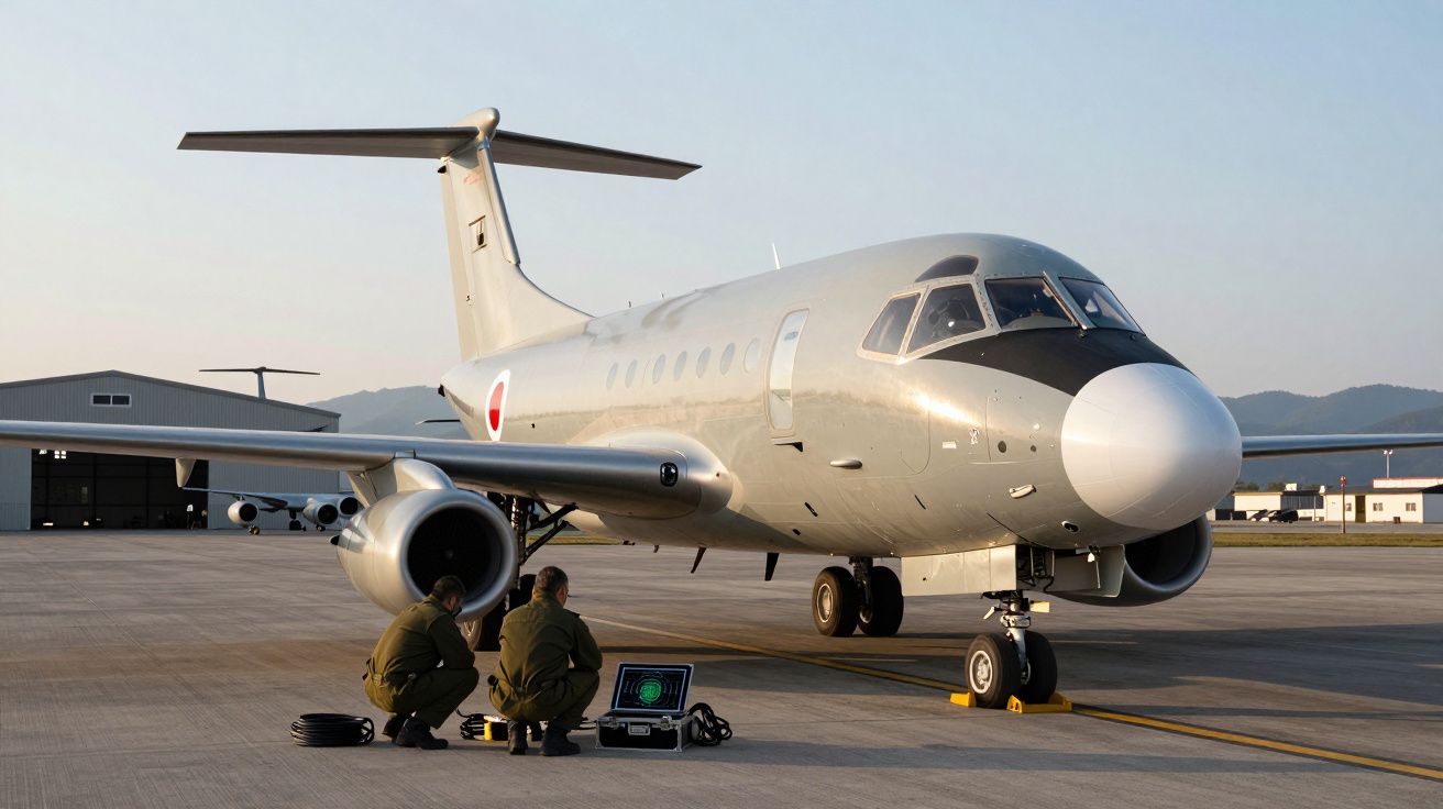 Dwaj żołnierze obsługujący sprzęt przy wojskowym samolocie stojącym na lotnisku o zmierzchu.