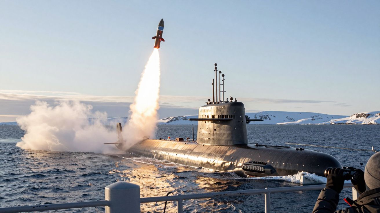 Okręt podwodny wyrzuca rakietę podczas testu na powierzchni w zimnym, morskim otoczeniu.
