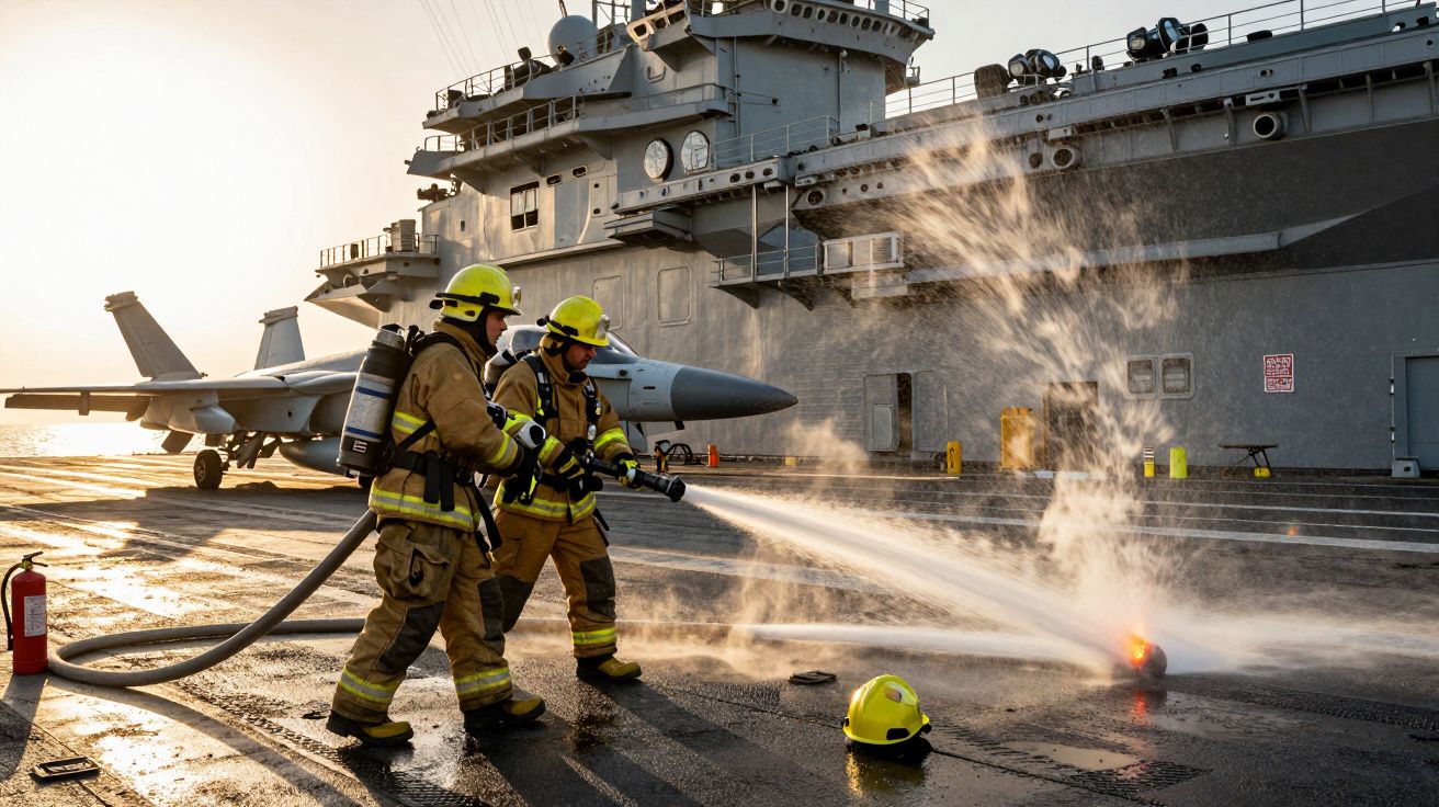 Dwaj strażacy gaszą ogień na pokładzie lotniskowca, za nimi stoi myśliwiec wojskowy.