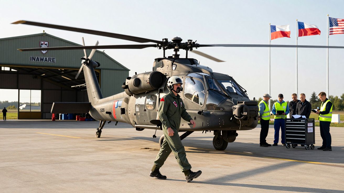 Żołnierz idzie obok wojskowego helikoptera na lotnisku, w tle trzy flagi i grupa ludzi w kamizelkach.