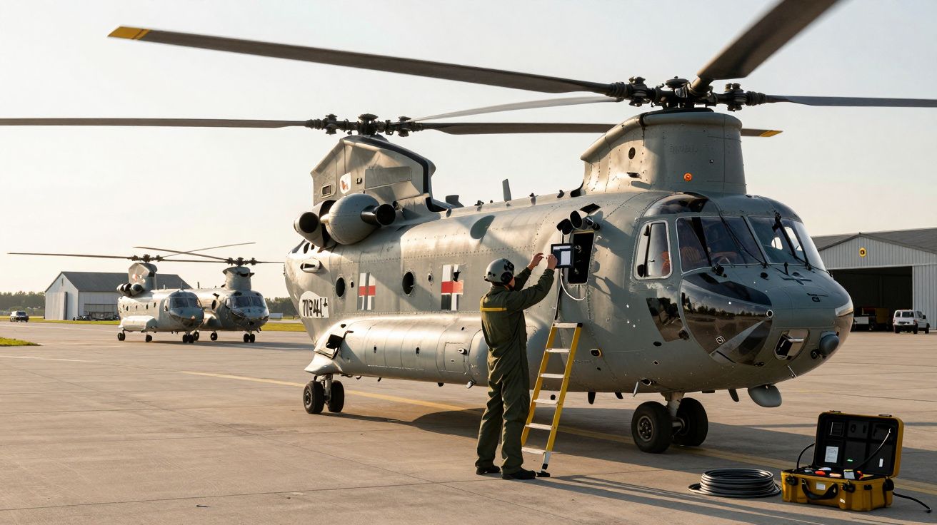 Śmigłowiec wojskowy CH-47 Chinook na lotniskowcu z obsługą techniczną i dwoma śmigłowcami w tle.