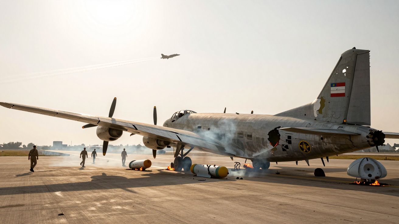 Uszkodzony bombowiec wojskowy na pasie startowym, wokół stoją żołnierze, w powietrzu myśliwiec.