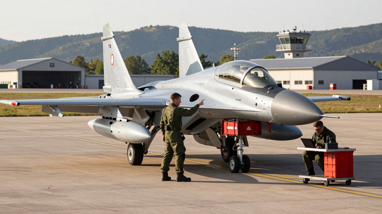 Lekki myśliwiec na płycie lotniska, obok dwóch żołnierzy w mundurach wojskowych.