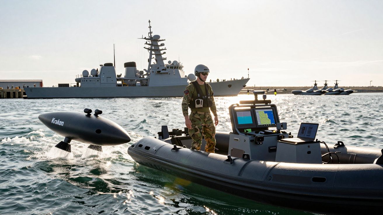 Żołnierz na łodzi patrolowej steruje zdalnym pojazdem podwodnym Kraten na tle okrętu wojennego.