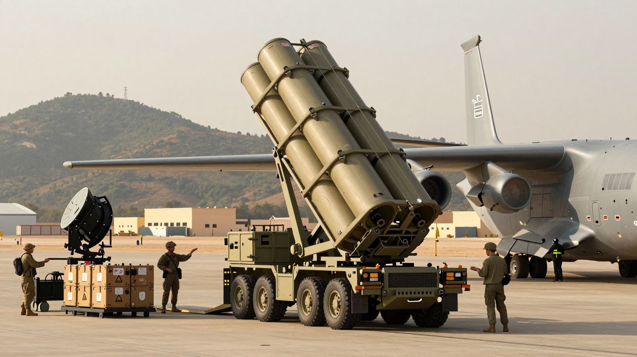 Wojsko obsługuje mobilny system rakietowy obok transportowego samolotu na lotnisku wojskowym.