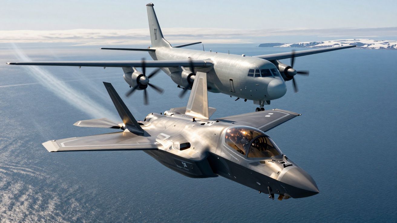 Dwa wojskowe samoloty w locie nad oceanem, jeden nowoczesny myśliwiec, drugi starszy transportowiec.