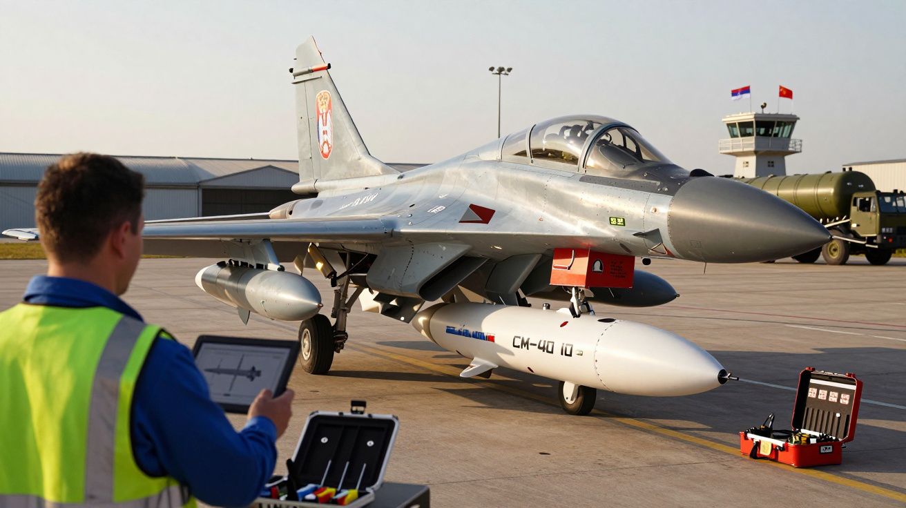 Myśliwiec wojskowy na lotnisku, kontrolowany przez technika z tabletem i sprzętem przy samolocie.