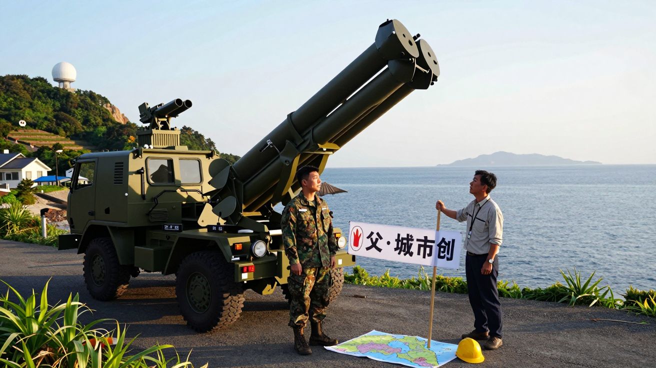 Żołnierz i mężczyzna cywilny rozmawiają obok wojskowego pojazdu z wyrzutnią przy wybrzeżu.