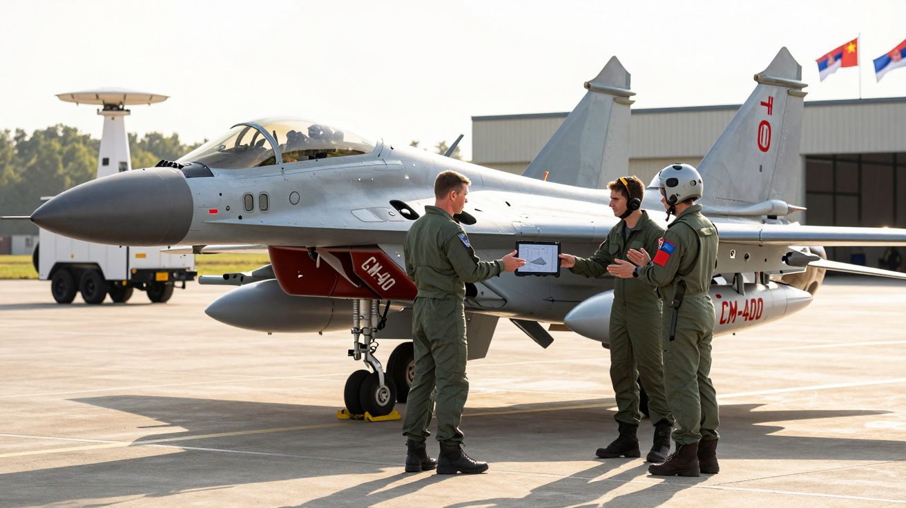 Trzech pilotów w kombinezonach przed myśliwcem na pasie startowym podczas odprawy.