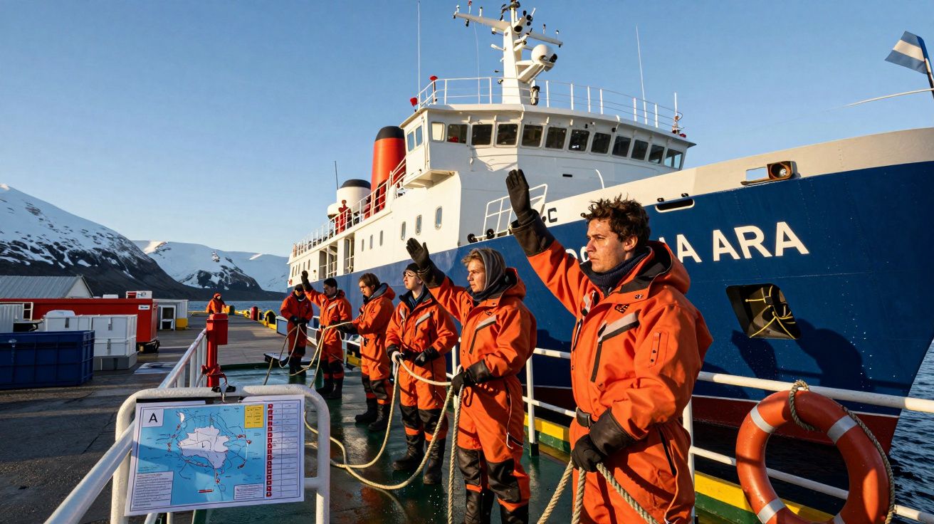 Grupa ludzi w pomarańczowych kombinezonach trzyma liny przy dużym statku na tle gór i nieba.