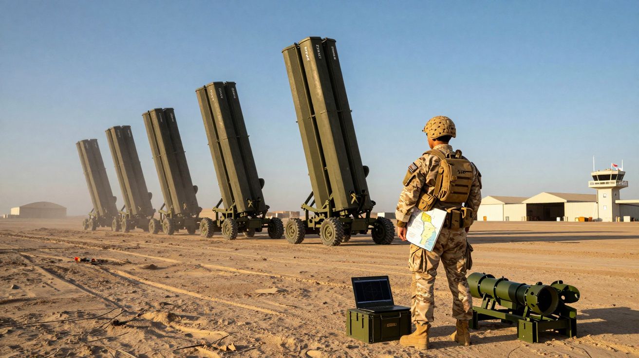 Żołnierz stoi na pustyni przed systemami obrony przeciwlotniczej Patriot i sprzętem wojskowym.