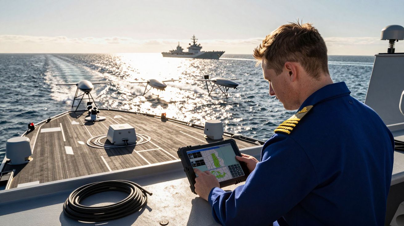 Mężczyzna w mundurze marynarki wojennej korzysta z tabletu na pokładzie okrętu na morzu.