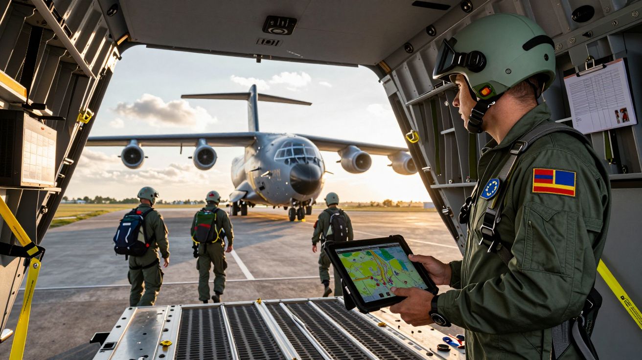 Żołnierz z tabletem w ręku obserwuje trzech kolegów idących do dużego samolotu transportowego na pasie startowym.