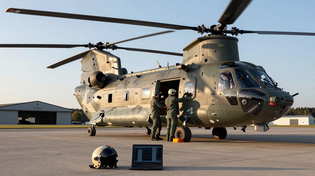 Wojskowy helikopter transportowy na pasie startowym z dwoma żołnierzami przy drzwiach i sprzętem na ziemi.