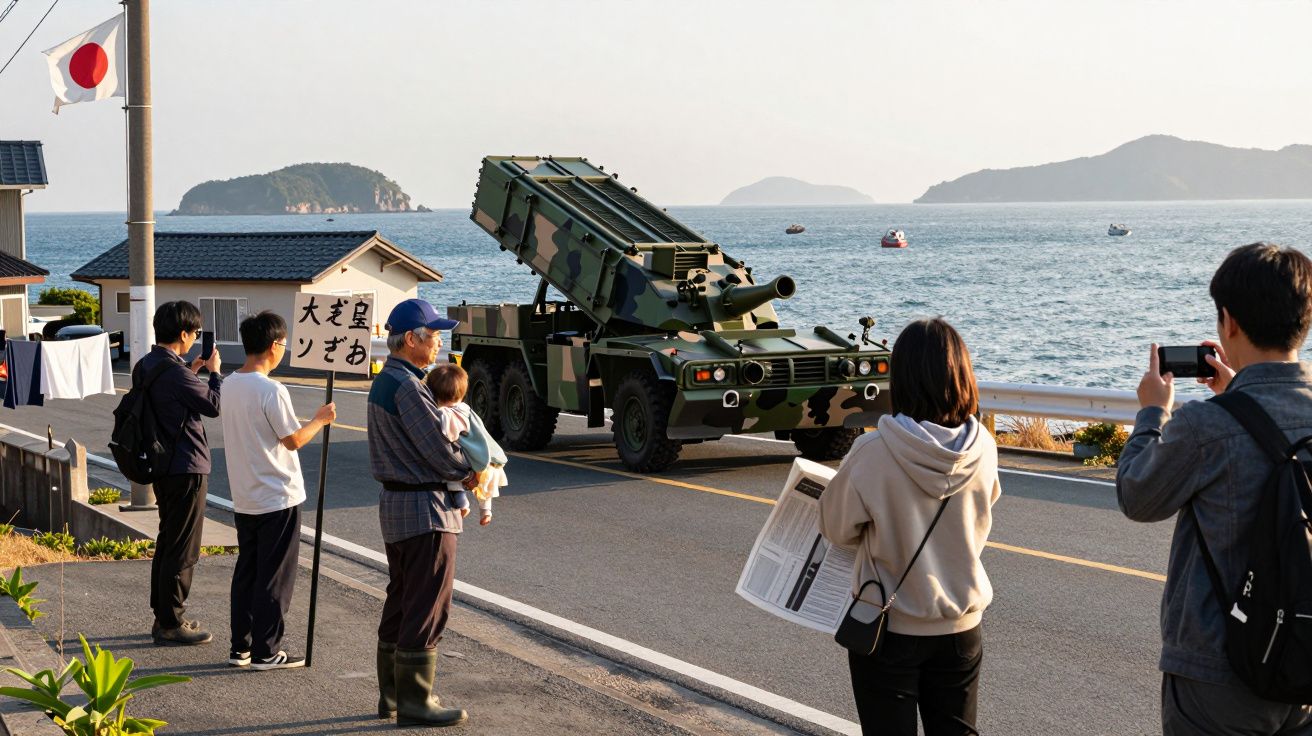 Ludzie fotografujący wojskowy pojazd opancerzony na drodze nad morzem przy japońskiej fladze.