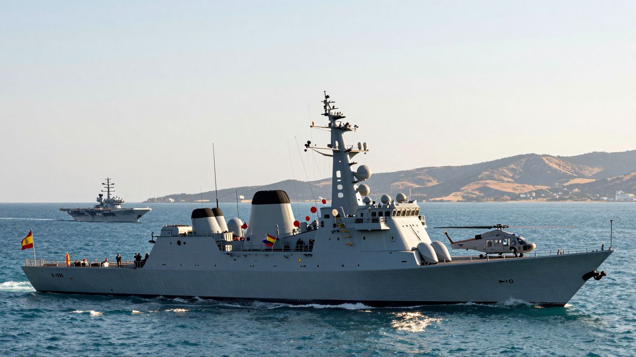 Hiszpański okręt wojenny płynący po morzu z widocznym śmigłowcem na pokładzie i górami w tle.
