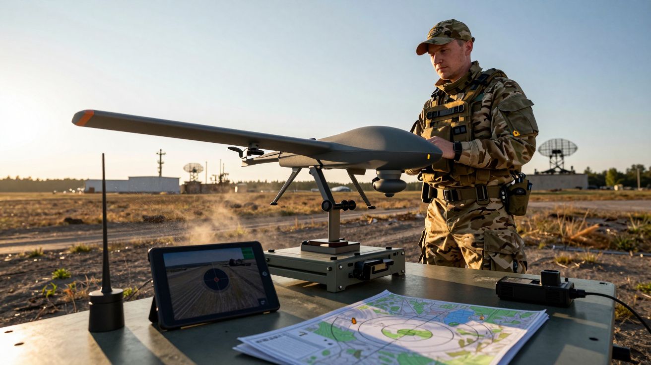 Żołnierz w kamuflażu kontroluje bezzałogowy dron na polu z mapą i sprzętem wojskowym.