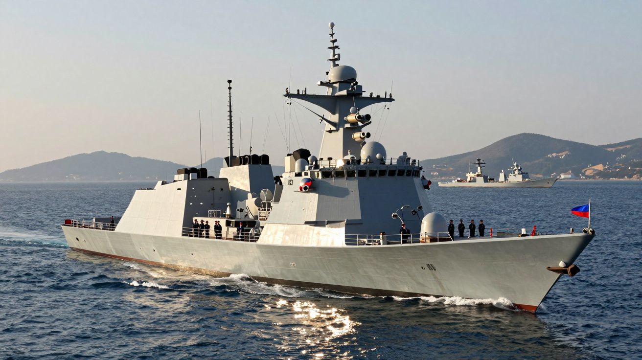 Nowoczesny niszczyciel wojenny na morzu z widocznymi antenami i załogą na pokładzie.