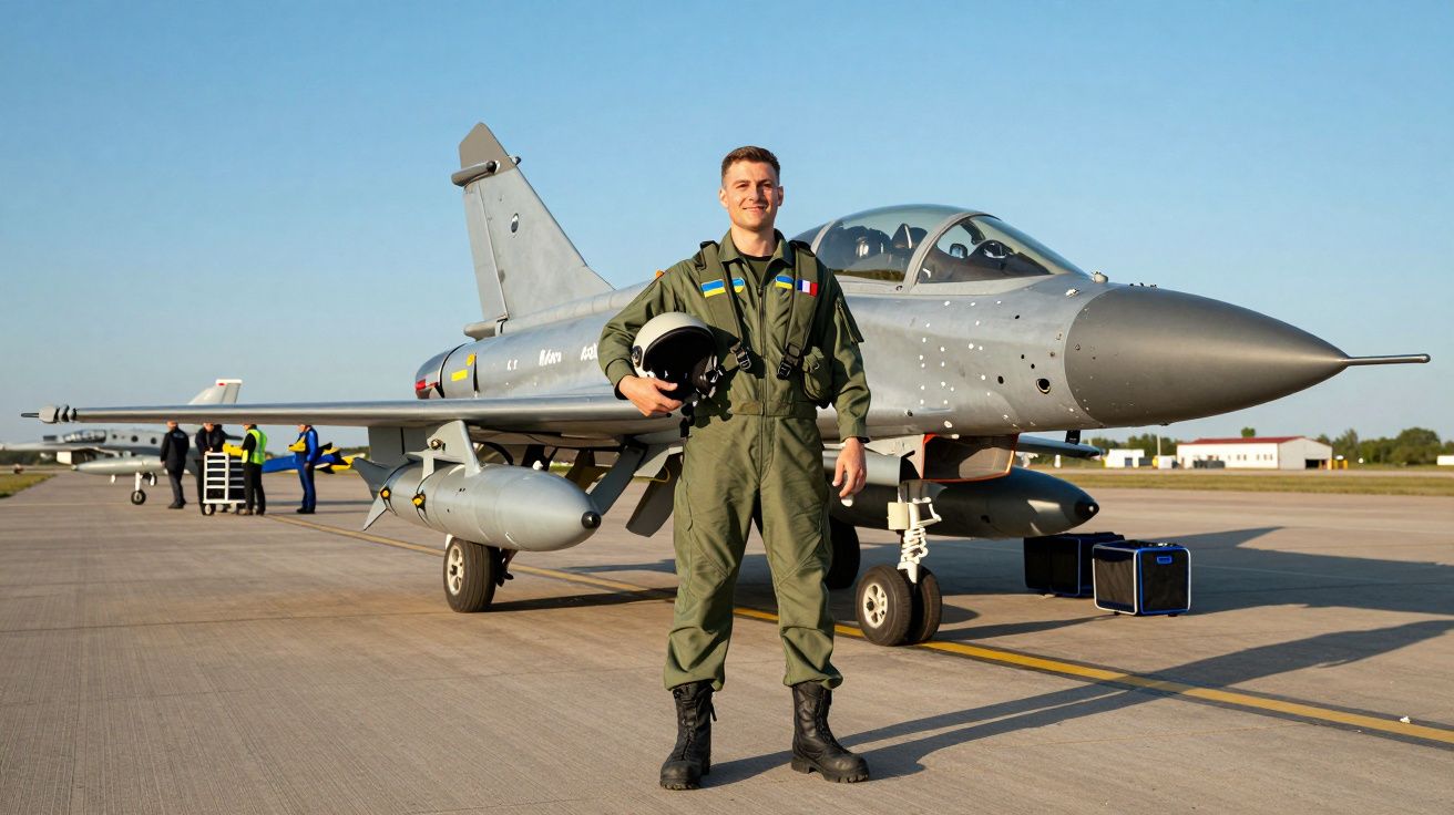 Pilot wojskowego samolotu myśliwskiego stojący na lotnisku obok szarego odrzutowca.