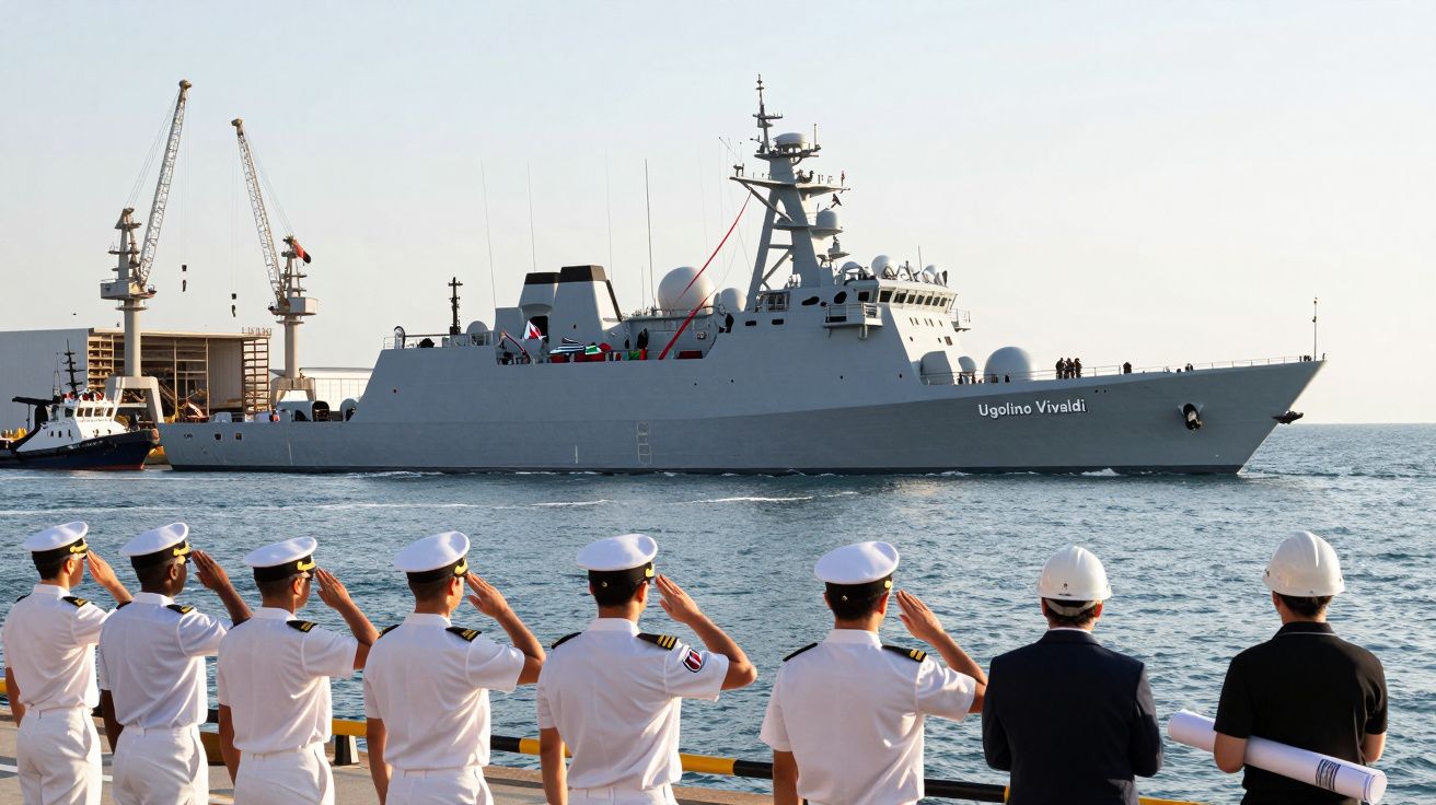 Marynarze salutują mijającemu okrętowi wojennemu Ugolino Vivaldi przy nabrzeżu o zachodzie słońca.