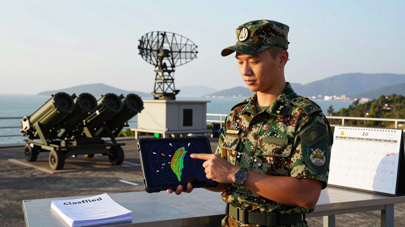 Żołnierz w mundurze pokazujący na tablet z mapą radarową na tle radaru i działa obrony wybrzeża.