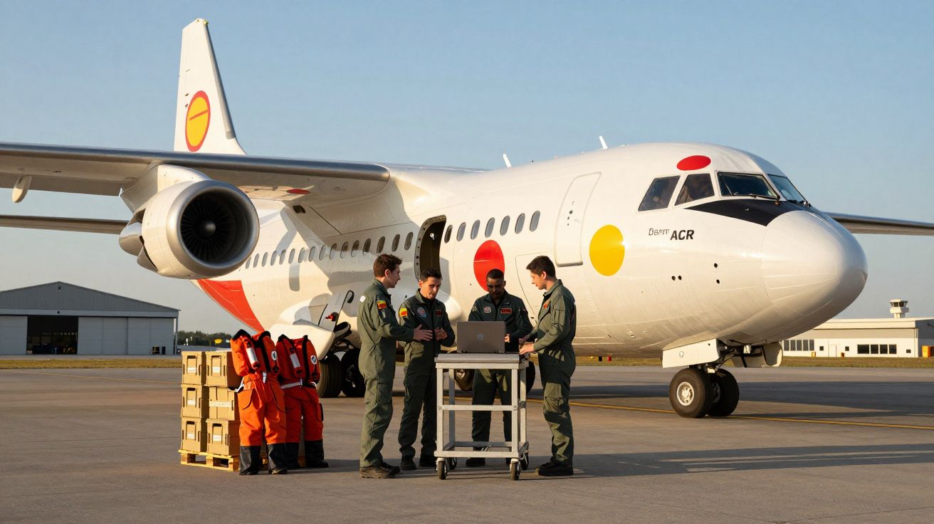 Czterech pilotów przy samolocie transportowym pracuje przy laptopie na płycie lotniska w czasie zachodu słońca.