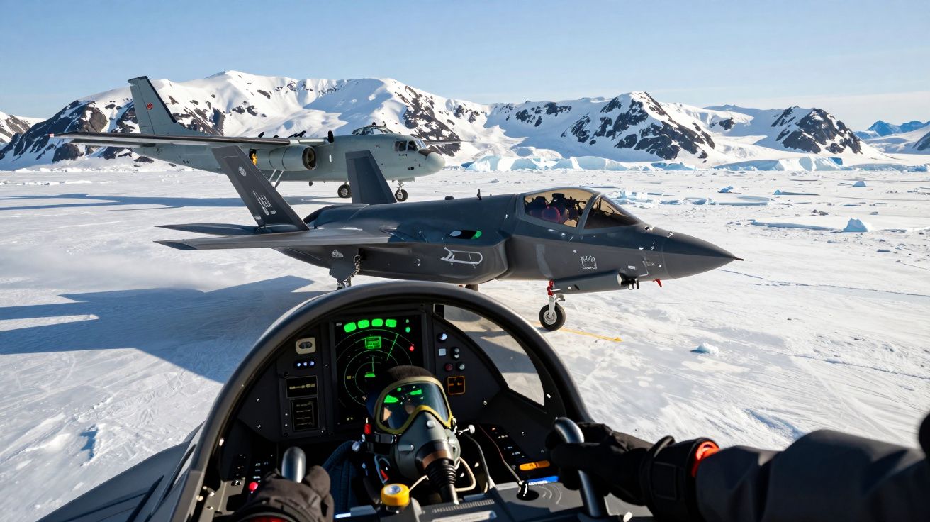 Wewnątrz kokpitu myśliwca w locie nad zaśnieżonym obszarem z dwoma samolotami wojskowymi w tle.