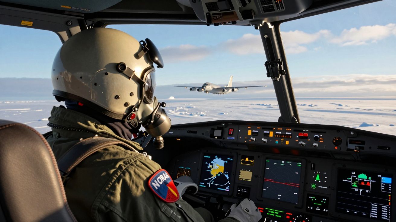 Pilot w kombinezonie i hełmie w kokpicie helikoptera, na zewnątrz nad lądolodem leci samolot.