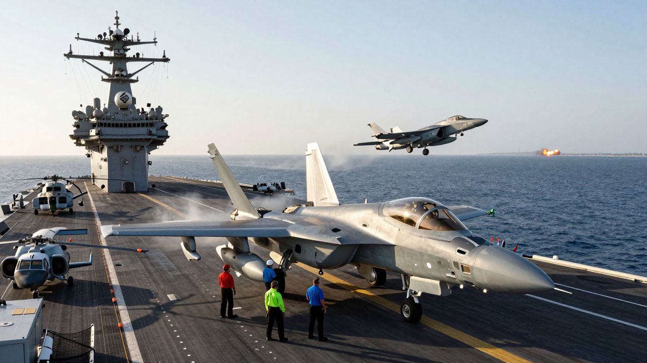 Myśliwiec startujący z lotniskowca, na pokładzie cztery osoby i kilka helikopterów w tle.