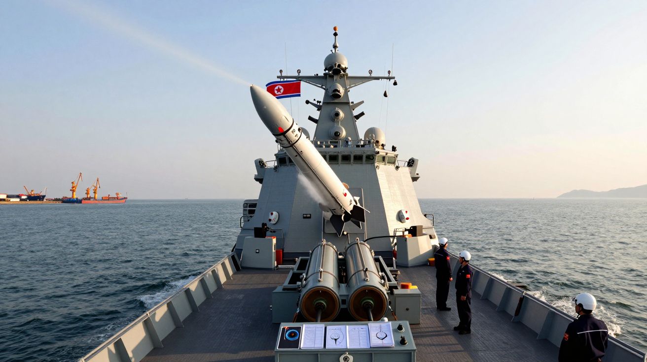 Wojskowy okręt z rakietą i flagą Korei Północnej na morzu, trzy osoby na pokładzie.