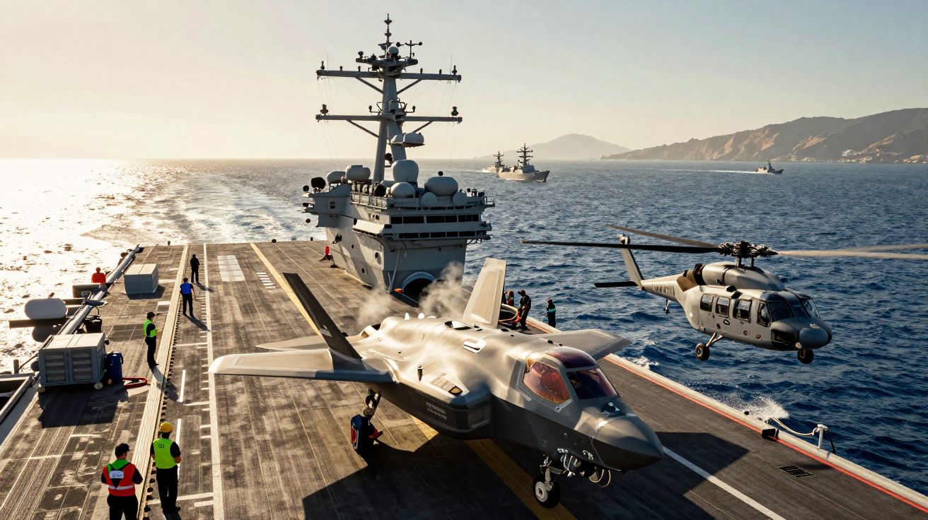 Lotniskowiec z myśliwcem F-35 i śmigłowcem Black Hawk na morzu, w tle inne okręty wojenne.