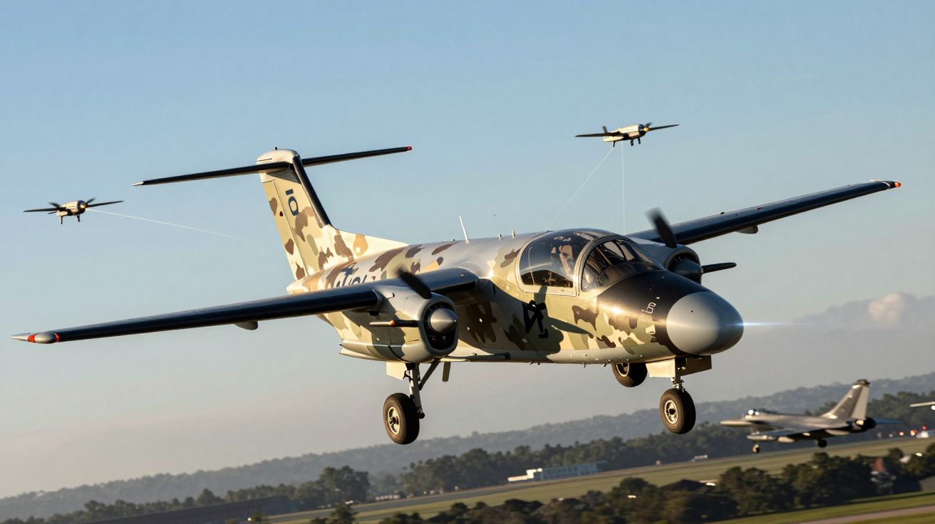 Samolot wojskowy w kamuflażu podczas startu z dwoma mniejszymi samolotami w tle na tle nieba.