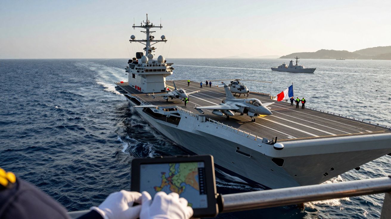 Lotniskowiec wojskowy z samolotem i śmigłowcem na pokładzie na morzu przy brzegu.