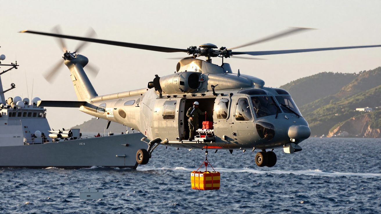 Śmigłowiec wojskowy nad morzem z podwieszoną ładunkiem skrzynką, w tle statek i wyspa.