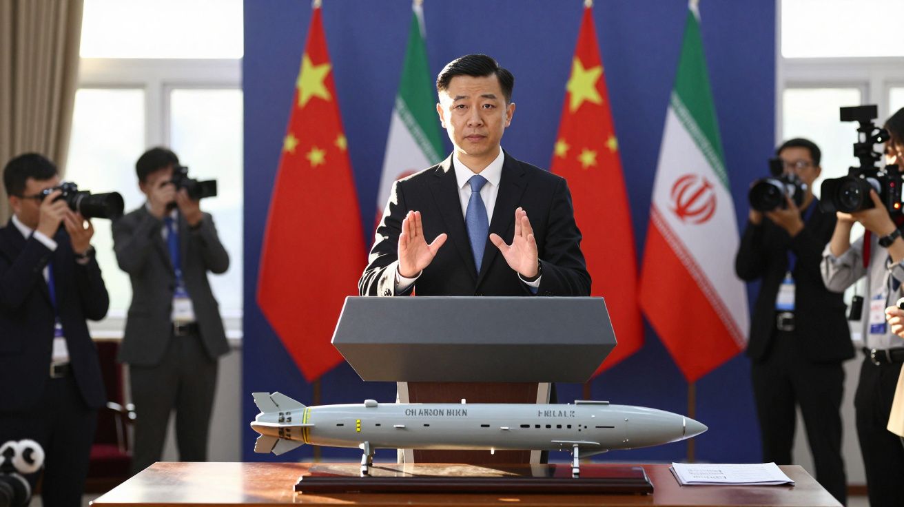 Mężczyzna przemawia przy mównicy, z modelem pocisku na stole i flagami Chin oraz Iranu w tle.